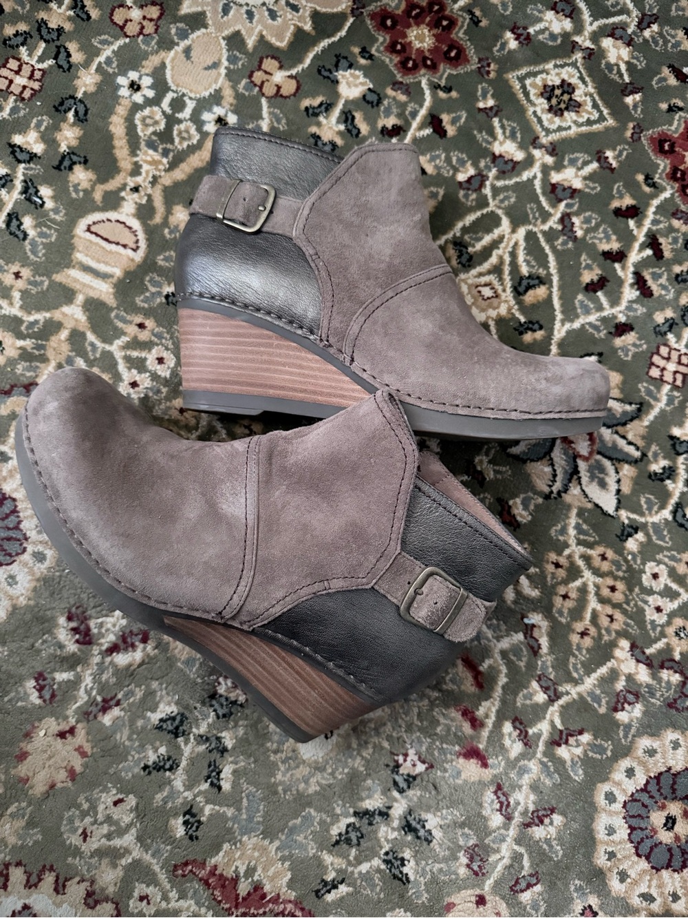 Dansko Taupe Suede Wedge Ankle Booties with Buckle Accent, 41, 10-10 1/2